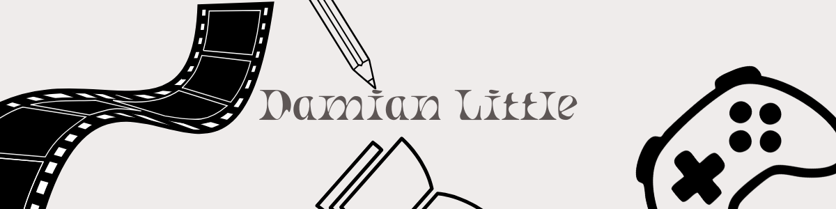 Banner of Damian Little's website with film reel, a game controller, a book, and a pencil